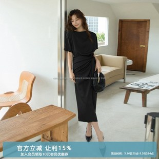 夏温柔小众丝滑缎面连衣裙女慵懒风收腰显瘦短袖 浪漫气质长裙3036