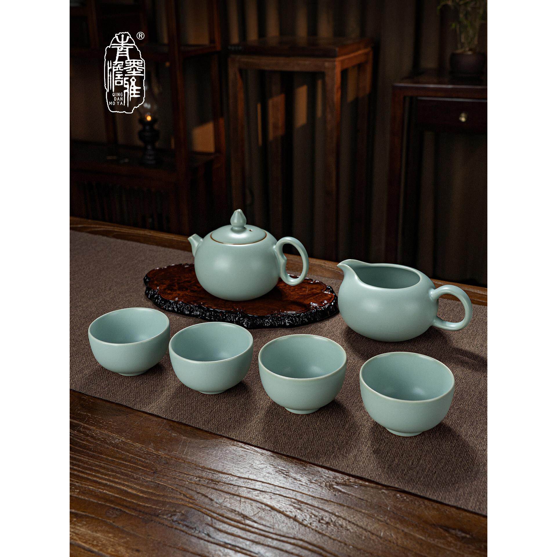 汝窑功夫茶具套装茶壶套装家用泡茶客厅景德镇陶瓷汝瓷开片礼盒装