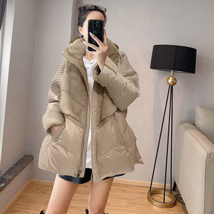 杏色加厚毛领羽绒服女冬季中长款拼接面包服外套2025新款欧洲站潮