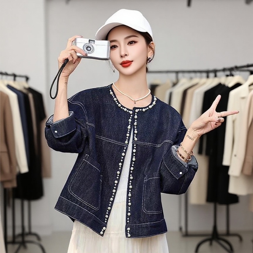 实拍重工订珠殴州站韩版时尚减龄休闲宽松百搭牛仔外套