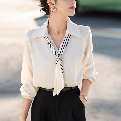 法式飘带长袖衬衫厅里厅气衣服女2026春季新款缎面职业通勤上衣