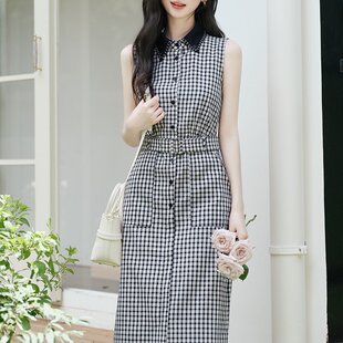 极简主义高品质手工缝线亚麻棉收腰背心裙