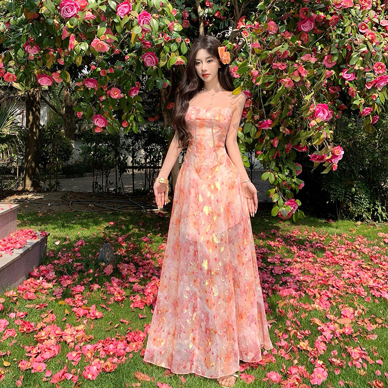 实拍夏日人鱼姬提花雪纺吊带连衣连衣裙