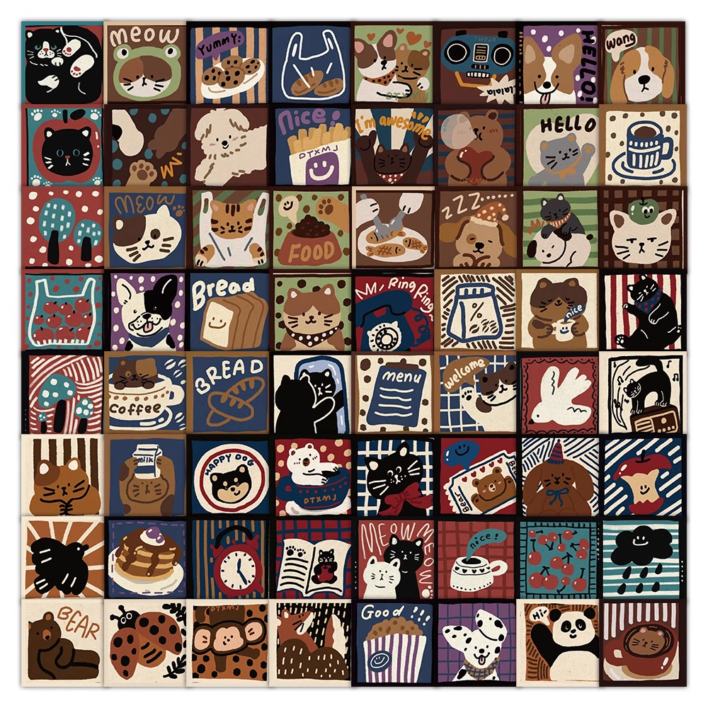 188张美式复古贴纸美拉德棕色卡通小猫小狗插画装饰小图案贴画diy