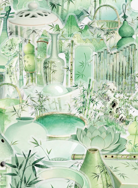 150张竹韵东方贴纸PET古风青竹雅物新中式文艺绿色装饰防水贴画