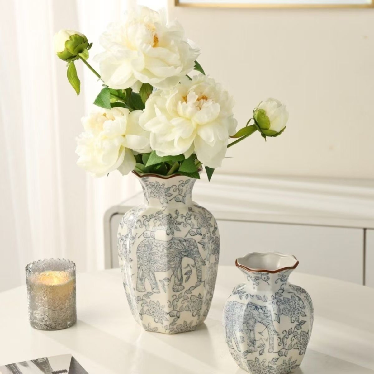 高级摆件中式青花瓷陶瓷家居花瓶客厅复古装饰品水培玄关插花鲜花