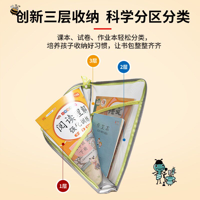 麦思考L型网纱科目分类袋分层透明文件袋小学生拉链试卷袋立体加