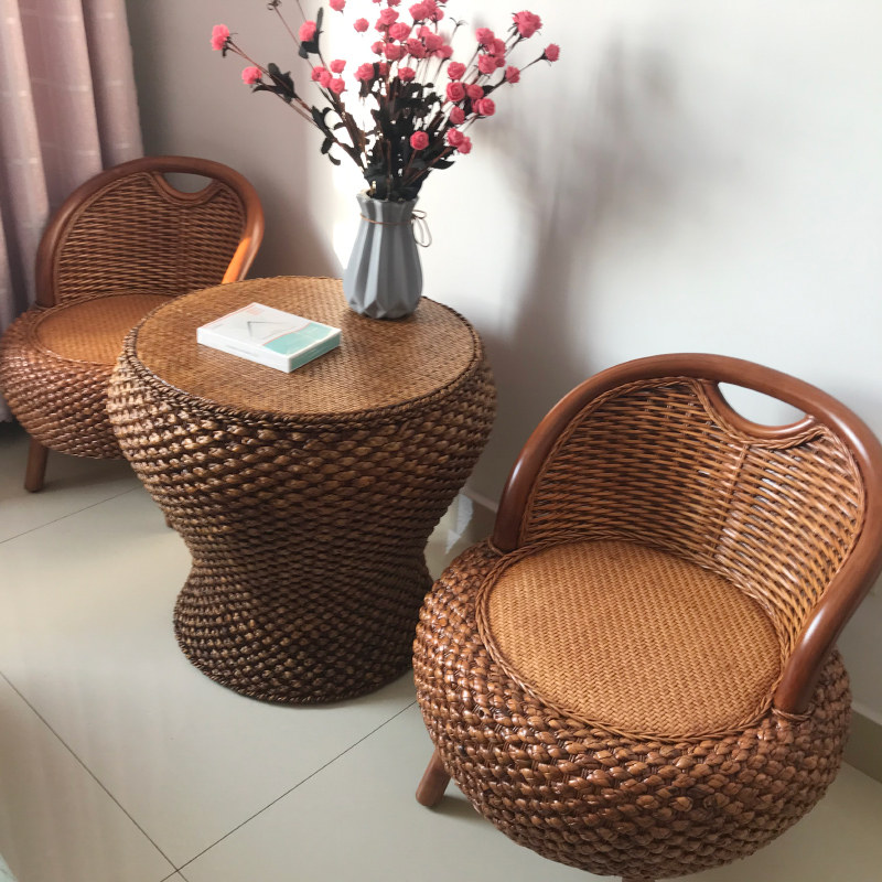 藤编阳台圆桌子三件套家用休闲圆形茶几简约茶桌椅组合小户型茶台