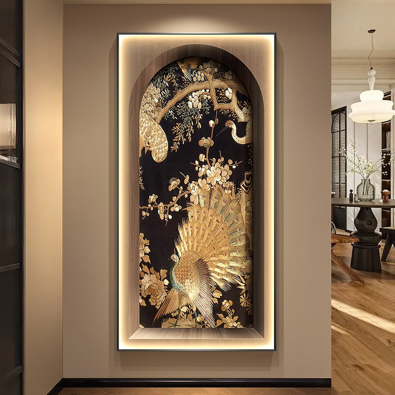 南洋复古风孔雀玄关装饰画花鸟走廊过道挂画客厅入户竖版带灯壁画图片