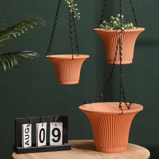 喇叭口条纹红陶土垂吊盆花盆铁链悬挂式吊篮绿萝阳台吊兰透气瓷器
