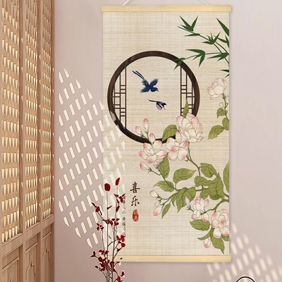新中式竹帘挂画茶室办公室竹艺卷轴装饰画玄关走廊餐厅竹丝墙画