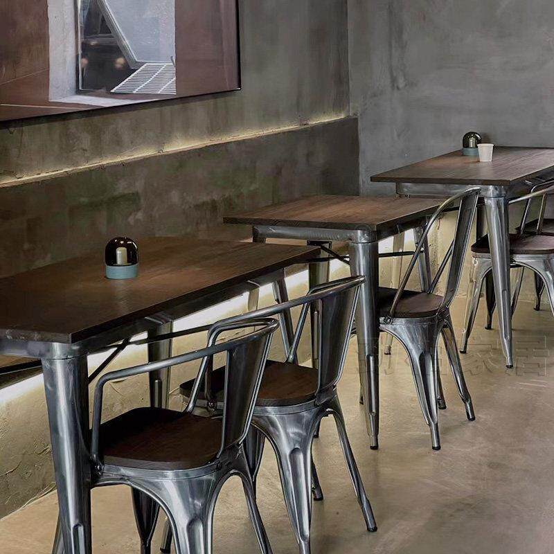 饭店铁艺金属桌酒吧餐厅餐桌时尚复古桌欧式简约榆木铁皮桌椅组合