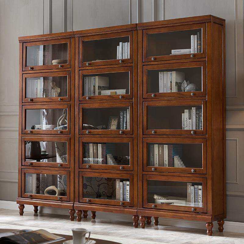 美式实木书柜自由组合简约三四五门储物柜欧式书橱带玻璃门书架子
