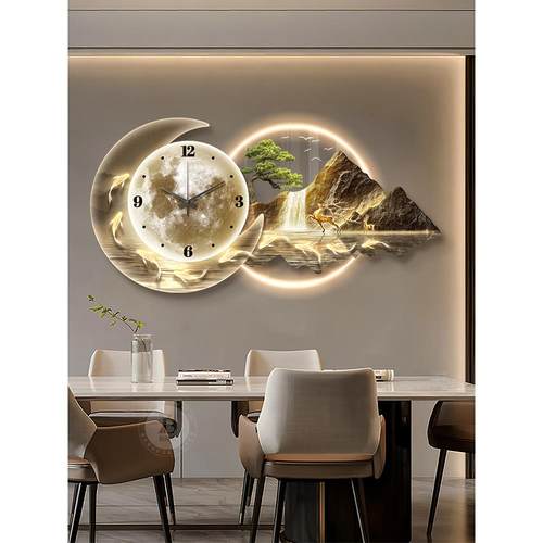日照金山带钟表挂墙餐厅装饰画创意挂钟饭厅餐桌时钟轻奢客厅挂画