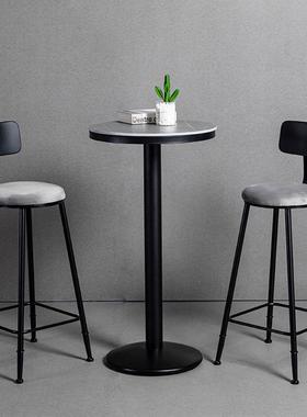 简约酒吧吧台桌椅岩板奶茶店休闲甜品店阳台灰色高脚圆桌椅组合