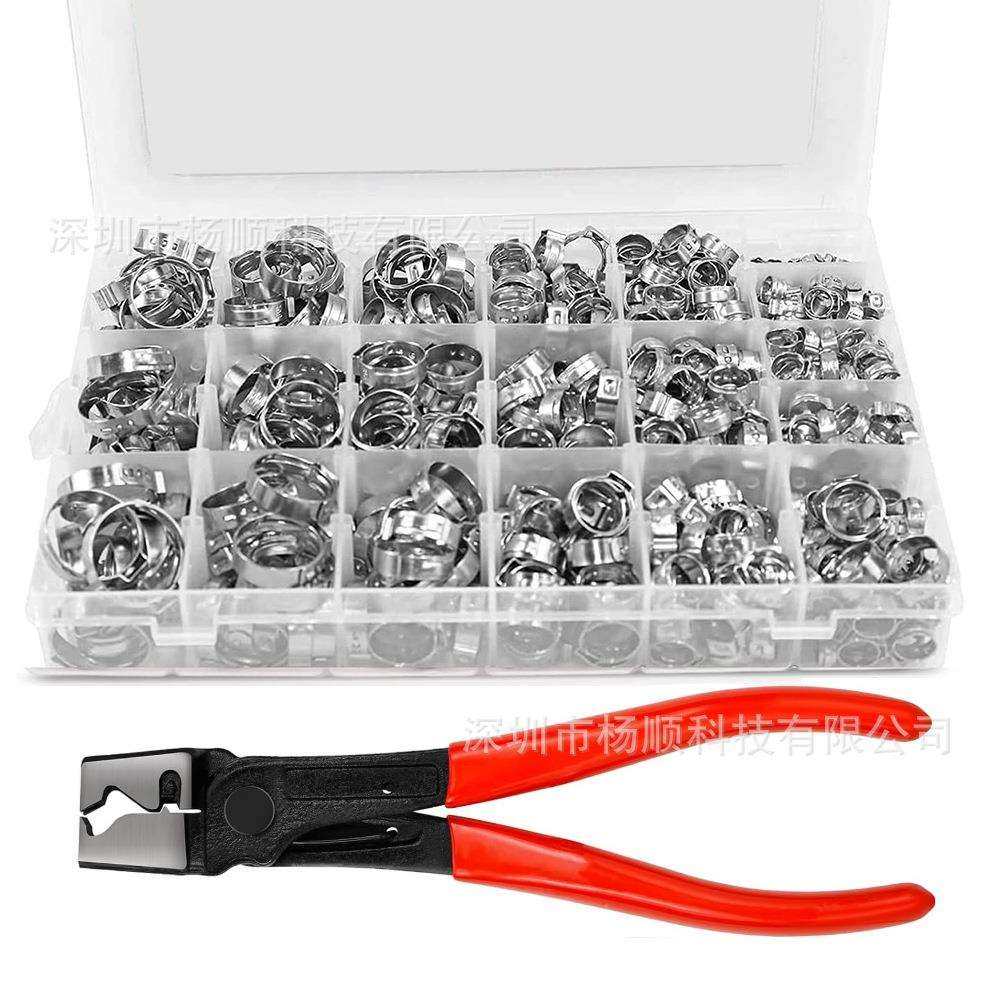 跨境170pcs盒装304不锈钢单耳无极卡箍5.3-33.1mm套装配卡箍钳