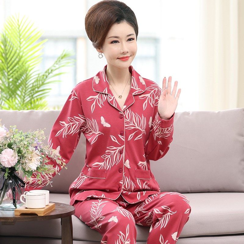 深色大版长袖长裤睡衣女纯棉春秋季中老年人休闲舒服加肥妈妈套装