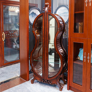 小提琴酒柜实木雕花玻璃双门客厅展示柜家用欧式美式摆件