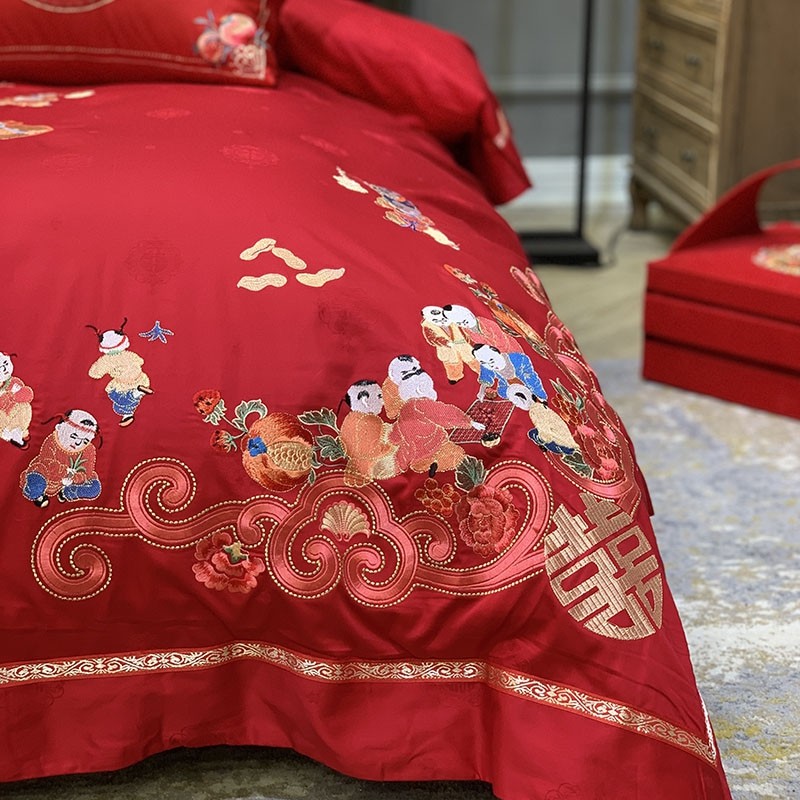 140s支长绒棉婚庆四件套大红色龙凤婚房全棉喜被子结婚四六十件套