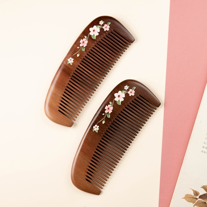 郎府老桃木梳子彩绘梳大小长短细齿顺发便携梳造型桃花男女士儿童