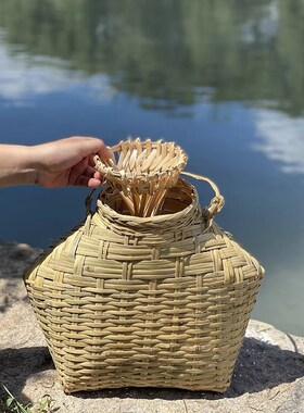 钓鱼鱼篓装鱼黄鳝笼鱼笼竹编竹箩纯手工采茶篓工艺品表演道具装饰