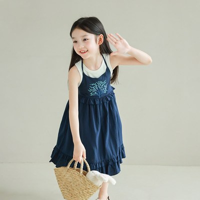 utouto大耳象女童绣花吊带裙2025夏季新款儿童纯棉休闲薄连衣裙子