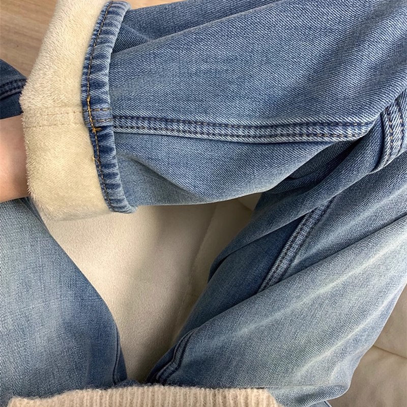 复古蓝直筒牛仔裤女冬季加绒加厚胖妹妹mm高腰宽松显瘦阔腿长裤子