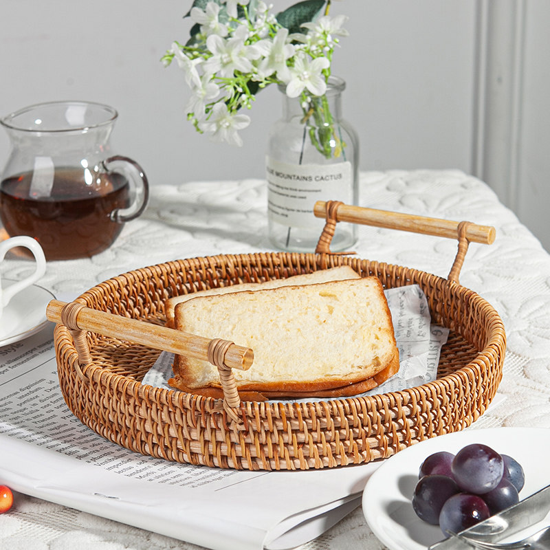 藤编水果篮中式点心盘茶几杂物筐圆形带盖藤篮手工编中号家用收纳