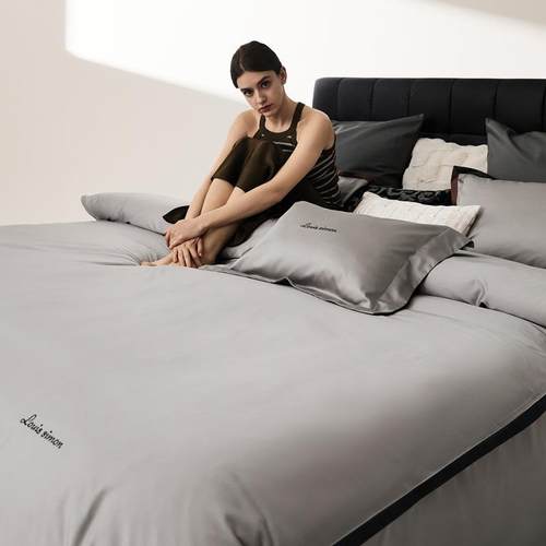 轻奢100S简约天丝棉四件套拼边夏季凉感冰丝裸睡被套床单床上用品