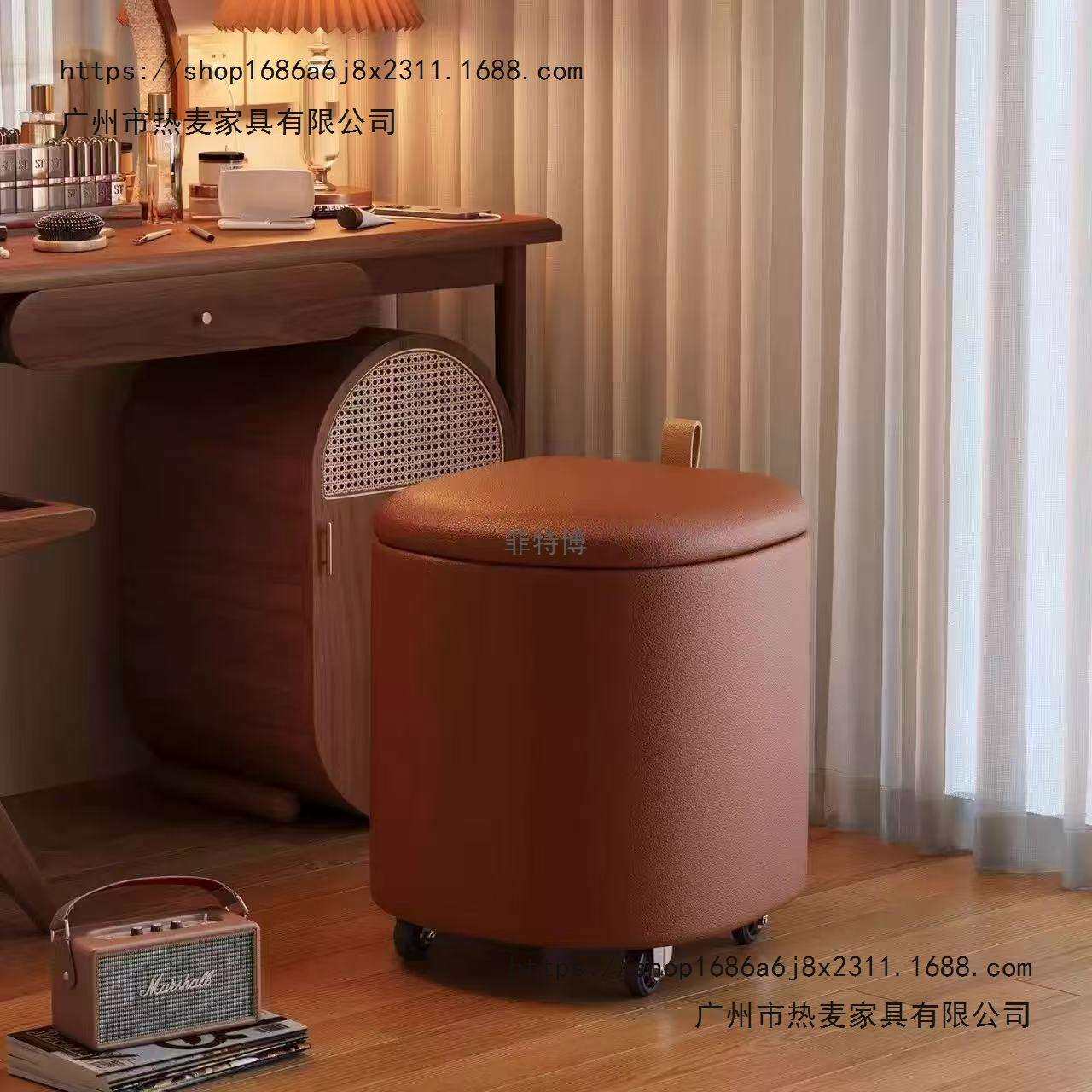 化妆凳可移动卧室可储物梳妆凳子奶油风旋转万向轮美甲椅方凳矮凳