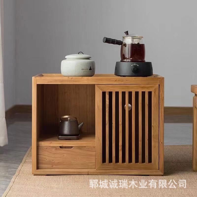 简约新中式实木茶水柜榻榻米茶几柜矮炕可移动复古老榆木烧水柜