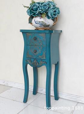 至高美奢华欧式边几角几客厅花几台灯桌两斗储物柜雕花蓝色小桌子