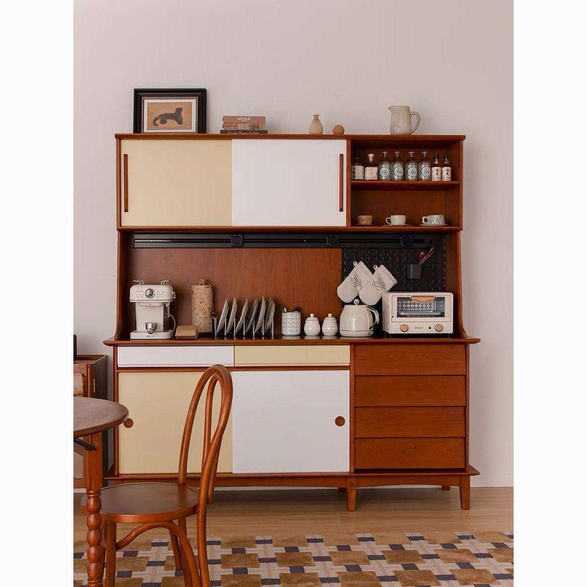 中古风实木餐边柜厨房靠墙一体柜多功能岩板复古茶水柜客厅咖啡柜