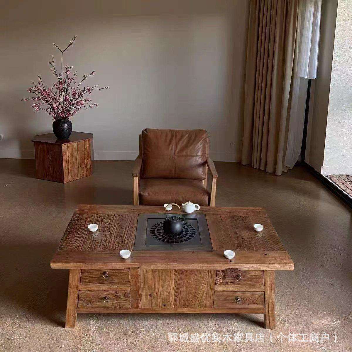 禅意中式老榆木茶桌风化老门板围炉煮茶桌户外庭院烧烤桌火锅桌