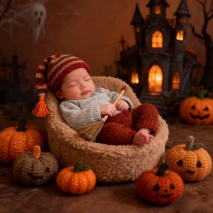 秋夜精灵新生婴儿满月百天摄影创意写真男女宝宝电子照片ai精修图