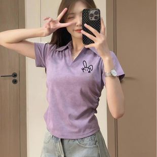 百搭小众polo领上衣潮 新款 紫色正肩扎染翻领短袖 t恤女夏季 ins时尚