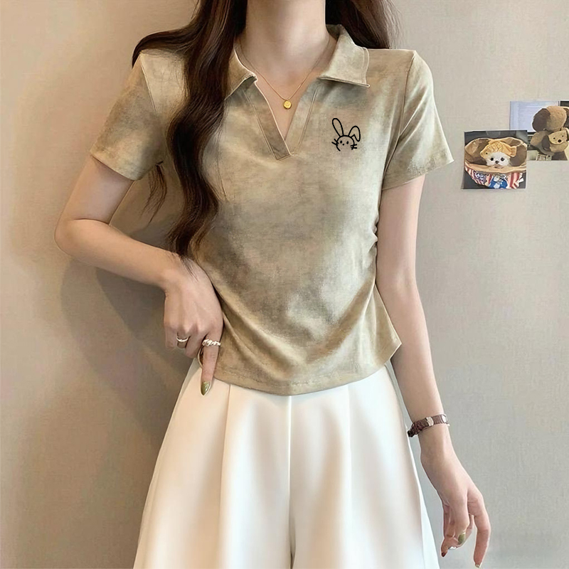polo领纯棉扎染正肩短袖t恤女夏季设计感小众收腰褶皱短款上衣潮