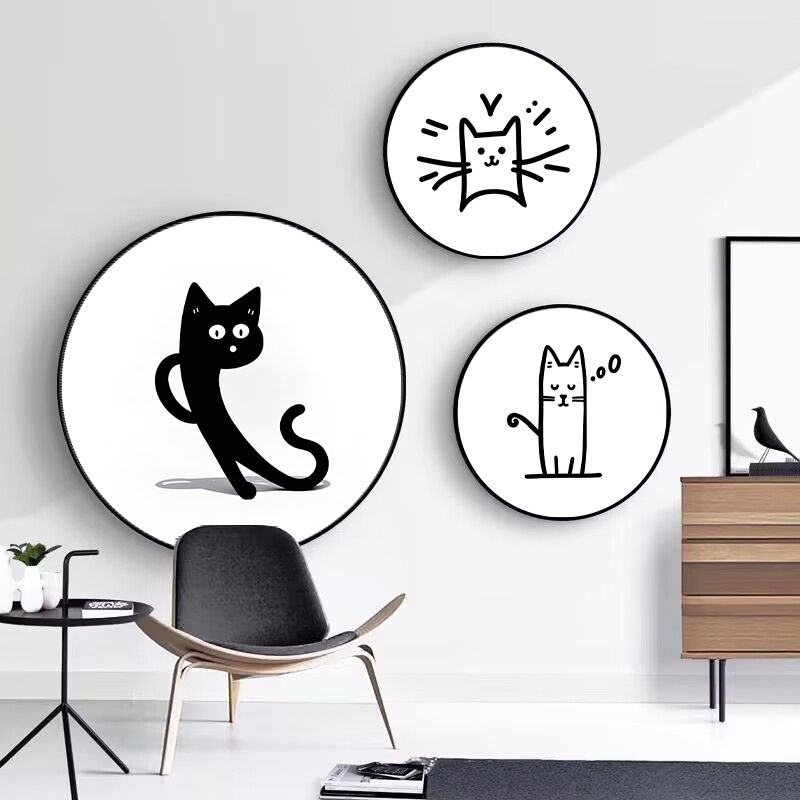 极简猫创意个性圆形挂画客厅装饰画黑白餐厅壁画卧室圆型框背景墙图片