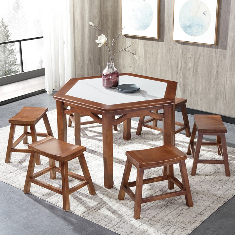 晨府实木餐桌椅家用现代简约中式小户型岩板多边形饭桌