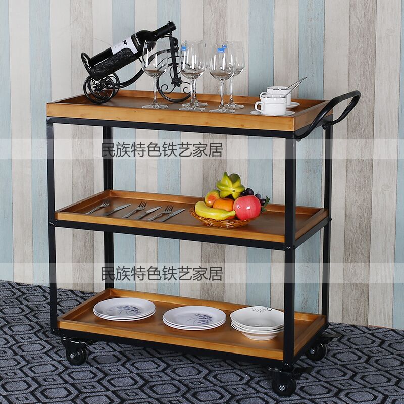 铁艺实木餐车酒水车复古餐厅手推车移动车酒架酒店餐饮餐盘收集车