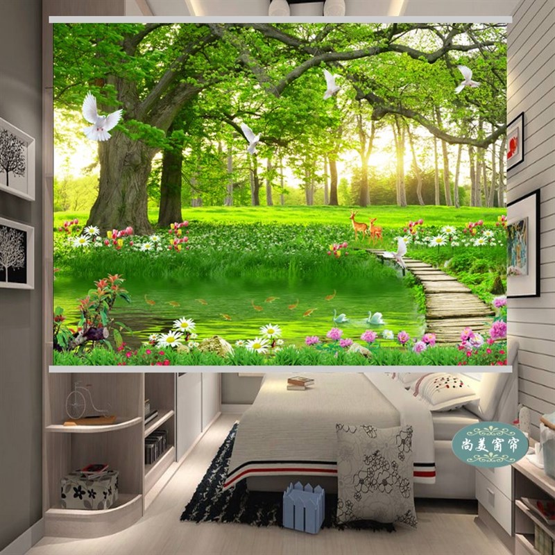 定制竹林竹子富贵竹图案窗帘卷帘画半遮光拉珠升降卷轴办公室卧室