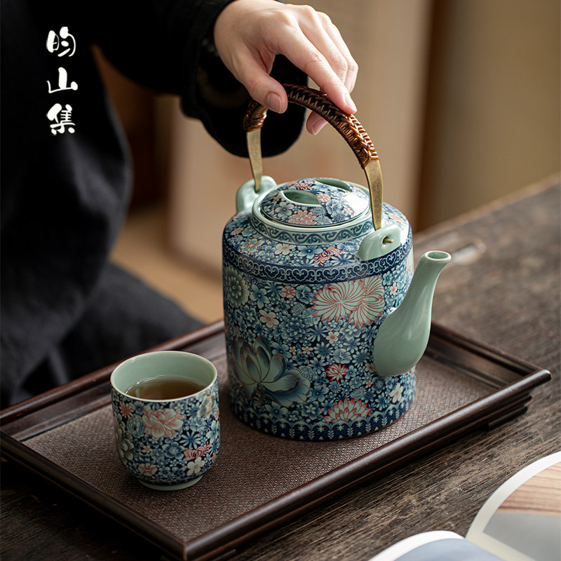汝窑青花冷水壶冷水壶大号家用陶瓷水壶大容量老式提梁泡茶壶茶具