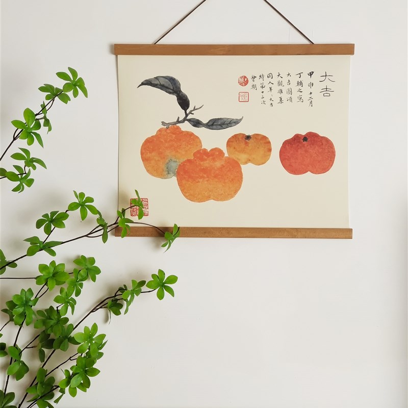 中式复古手绘油画水果书法实木挂轴画客厅书房电表箱装饰画布定制图片