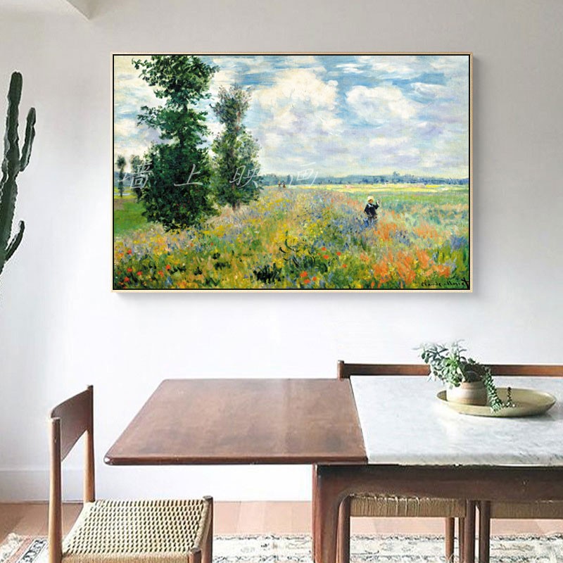 莫奈罂粟田抽象风景装饰画玄关画现代欧式古典油画电表箱挂画