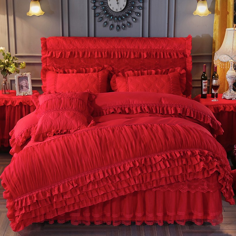 萱羽秋冬公婚庆保暖夹棉加厚床裙床罩式四件磨毛花边被1.8m