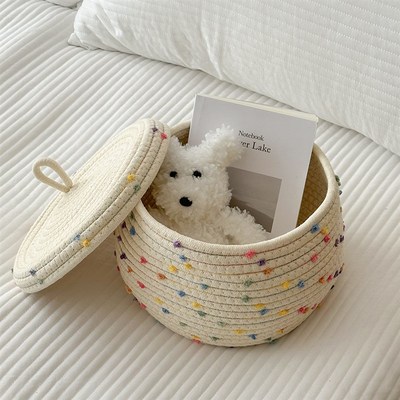 彩色波点收纳筐编织收纳篮带盖桌面整理杂物收纳储物整理盒置物篮