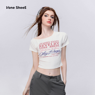上衣不對稱t恤辣妹短袖 Vone SheeE 美式 衣服女夏季