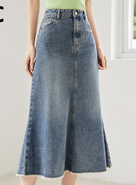 【甜甜粉丝专享】IC 复古中长款鱼尾毛边牛仔半身裙女2025新款夏