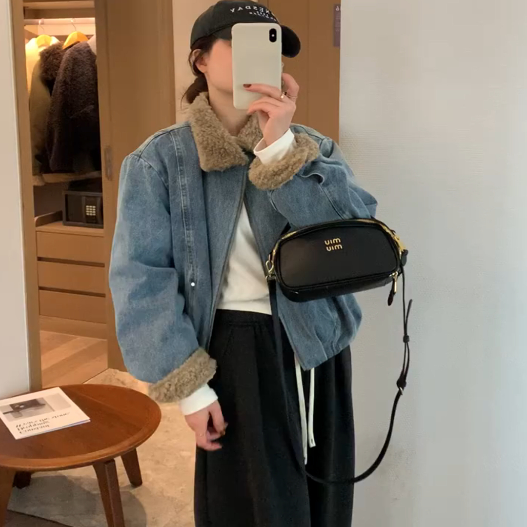 复古蓝毛领加绒加厚牛仔外套冬季