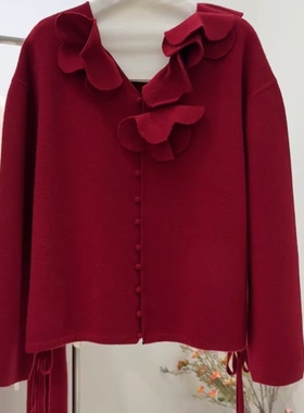 欧货高端定制设计款红色气质轻奢风V领宽松针织开衫2025秋冬新款